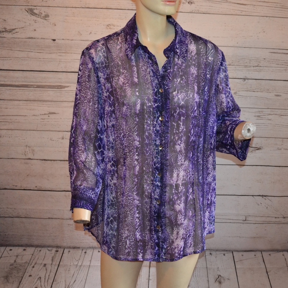 Additions by Chicos Animal Print Sheer Button 2
